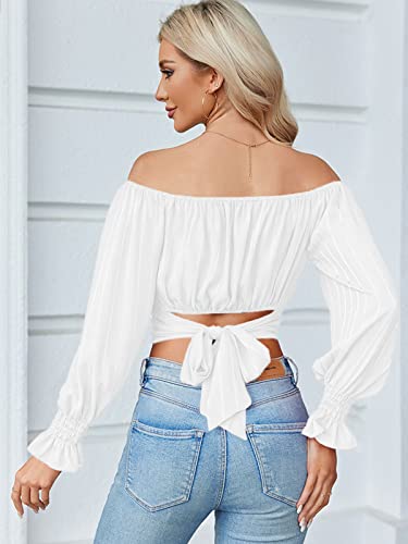 MIRACMODA Woman Off Shoulder Ruched Tie Back Lantern Sleeve Crop Tube Top Chiffon Blouse2