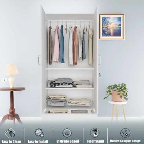 Image of VIKI Wardrobe | Wooden Almirah for 2 Door Wardrobe with 1 Drawer & Hanging Space with Mirror (Frosty White - 40D x 80W x 180.8H) | 1 Year Warranty | Free Assembly