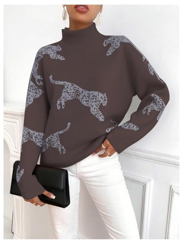 Image of WDIRARA Women's Leopard Tiger Print Sweater High Neck Long Sleeve Fuzzy Knitted Pullover Top