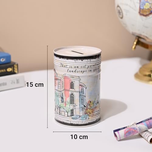 Image of Market99 Set of 2 Round Money Banks | White Tin Coin Banks with Glossy Finish & Vintage Theme Print | Decorative Piggy Banks for Kids, Adults, Home & Office | Ideal Gift & Savings Accessory