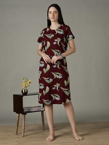 Image of 9shines Label Hosiery Cotton Knee Length Short Night Dress | Short Nighty for Women with Pocket | Graphic Print Nightwear | Night Gown for Women (M-7XL)