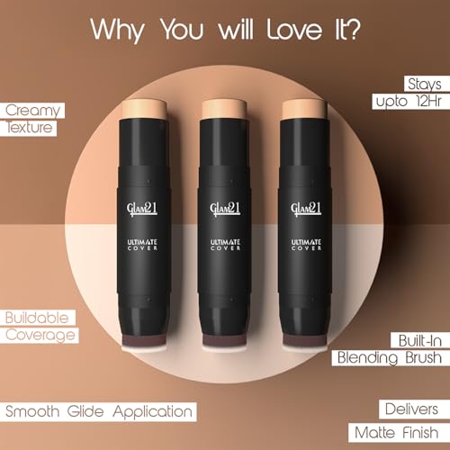 Image of Glam21 Ultimate Cover Foundation Stick | Face Foundation Stick with In-Built Brush | WaterProof, Long Lasting Formula & Natural Matte Finish | For All Skin Tone | 8gm| 03-Soft Beige