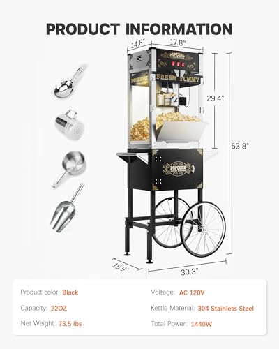 Image of 22 oz Commercial Popcorn Machine with Cart, Large Popcorn Machine Makes Up to 90 Cups, Movie Theater Pop Corn Machine with Easy-Rolling wheels & Stainless-Steel Kettle, Black