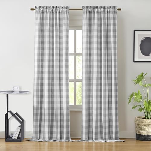 Bapawfish Rideaux de fenêtre Semi-Transparents à Carreaux Gris et Blanc de 228,6 cm de Long – Rideaux Vichy de Style Rustique pour Chambre à Coucher,...