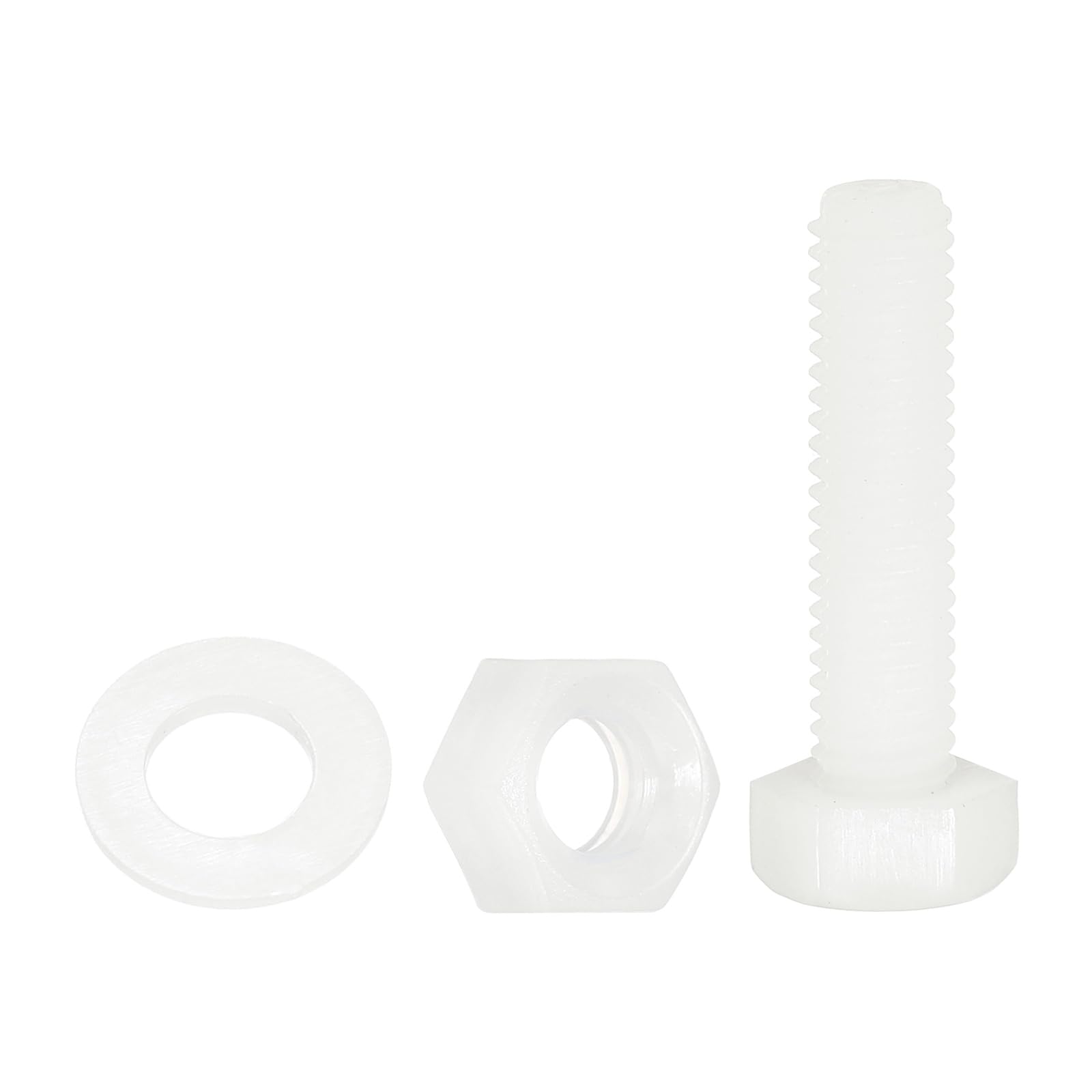 sourcing map 150 Pcs/50 Sets Nylon Hex Bolts, M5 x 20mm Plastic Full Threaded Hex Head Screws Bolts and Nuts with Flat Washers for Machinery Electronics Industrial Accessories, White