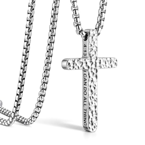 Hammered Cross Necklace for Men, Philippians 4:13 Bible Verse Cross Pendant - image 1