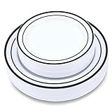 Crystal Ridge Tableware 60 Pieces White Plastic Disposable Plates - Premium Heavy-Duty 30 Dinner Plates & 30 Salad Plates with Black Rim Ideal for Party, Birthday and Special Events