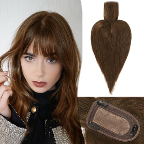 RUWISS Cabello Humano para Mujeres Corona de Extensiones de Cabello Corto Pelucas para el Adelgazamiento del Cabello 7.5 * 13CM Base de Seda 100% Cabello Humano Clip in Topper 25cm 35g (Marrón medio)