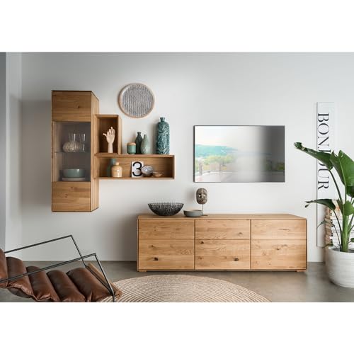 Lomadox Wohnwand Anbauwand braun in Eiche massiv geölt 4-teilig, 1 Hängevitrine, 2 Wandregale, 1 Sideboard