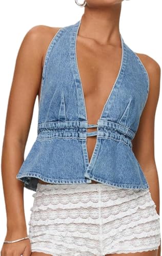 Denim Halter Top for Women Denim Open Back Tie-Up Halter Vest Jean Cropped Tank Top Summer 2025 - Main Image