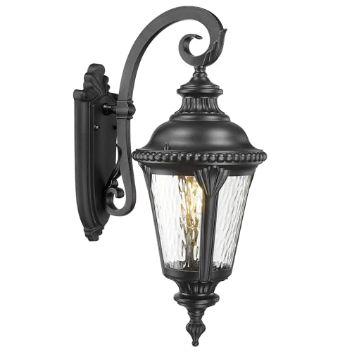 Image of Emliviar 24.4 inch Classic Black Outside Porch Sconce Lighting, Water Ripple Glass Outdoor Light Fixture Wall Lamp for Hallway, E26 Base 60W Max, XE265B-M BK-SW