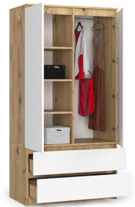 BDW Armoire à 2 Portes, 4 étagères, Penderie, 2 tiroirs, pour Chambre à Coucher, Salon, Couloir, 180 x 90 x 51 cm (Chêne Artisan/Blanc)