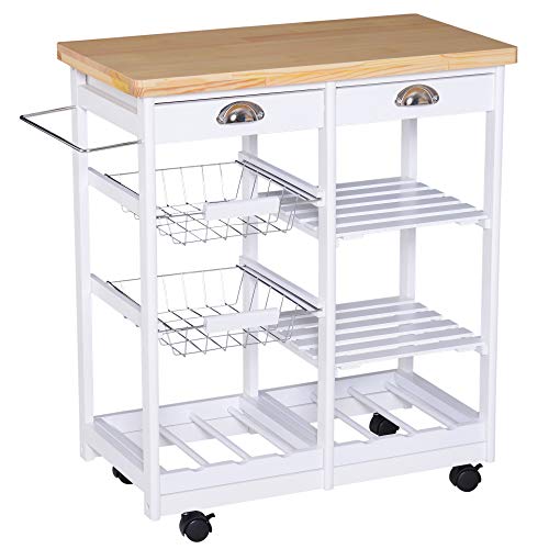 HOMCOM Carrello da Cucina con Ruote Cassetti e Portabottiglie in Legno Bianco 74x37x76cm