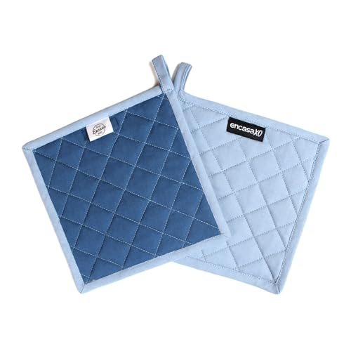 Image of Encasa XO Heat Resistant Cotton Pot Holders with Hanging Loop - Set of 2 - B Grey & Cobalt Blue - Multipurpose Quilted Everyday Hot Pad for Kitchen, Camping, BBQ & Microwave - 21 cm