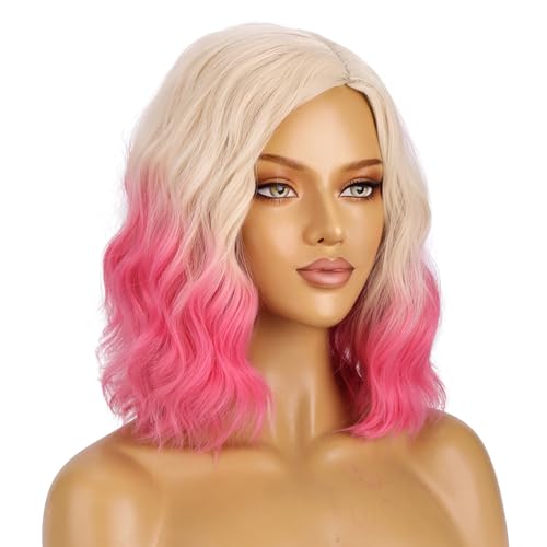 Image of BERON Light Blonde Ombre Pink Wigs Short Curly Wave Wigs for Women Girls Shoulder Length Wavy Heat Resistant Synthetic Wig Cosplay Costume Party or Daily