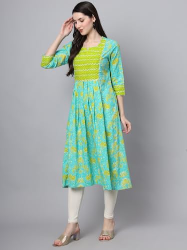 Image of JAPER KURTI Womens Pure Cotton Jaipuri Floral Print Aline Blue Color Kurta