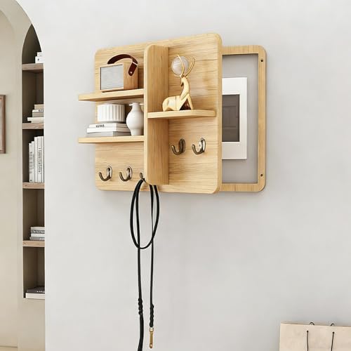 Fuse Box Cover Cabinet, Wall Mounted Fuse Box Cover Cabinet, Wooden with Shelf &amp; Hooks, for Living Room Home Office(Yellow-a,45 * 35cm/17.7 * 13.8in)