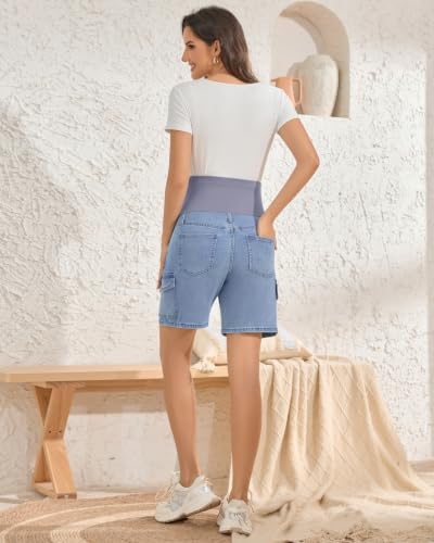 Image of PACBREEZE Women's Maternity Jean Shorts Over Belly Stretch Denim Shorts Trendy Summer Pregnancy Clothes