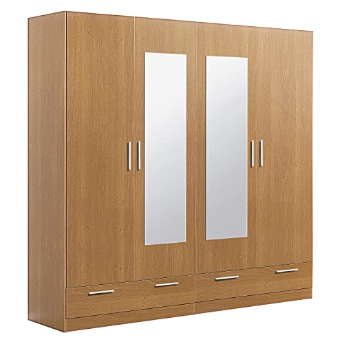 PEGANE Armoire/Placard de Rangement de 4 Portes + 2 tiroirs avec miroirs Coloris Merisier - Longueur 202 x Profondeur 51 x Hauteur 200 cm