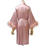 MHXQD Morgenmantel aus Seide für Damen mit gefiedertem Rand Kimono Roben Schalkragen Langarm Gold Glitzer Bademantel Nachtwäsche für Braut Brautjungfer Hochzeit Vorbereitung,E,L