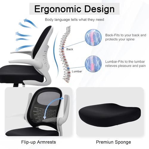 Image of HYLONE Tall Drafting Chair Standing Desk Chair with Flip-Up Armrests, Adjustable Height Ergonomic Office Chair with Footrest Ring - High Stool Chair for Standing Desk (Black Mesh&White Base)