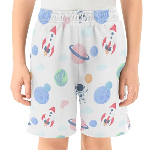 Cute Astronauts Athletic Shorts with Zipper Pockets, Youth Boys Athletic Running Shorts for Summer2