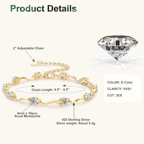4mm Moissanite Link Bracelet for Women, 3.0cttw D Color VVS1 925 Sterling Silver Adjustable Dainty 10-Stones Bracelets for Wife Mom Birthday Jewelry Gifts3