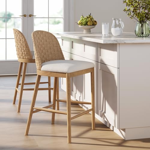 Image of Nathan James Rikki Seagrass Bar Stool with Back, 2-Pack Boucle Counter Stool with Upholstered Seat, Solid Wood Frame, and Woven Seagrass Backrest