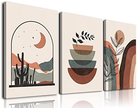 Boho Wall Art Set Of 3, Mid-Century Modern Wall Prints, Framed Neutral Abstract Geometric Prints Moon Desert Mountain Plant Minimalist Art Large Canvas Paintings Artwork 12" X 16" Ready To Hang for Bathroom Bedroom Living Room Boho Room Wall Decor