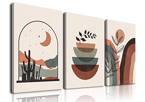Boho Wall Art Set Of 3, Mid-Century Modern Wall Prints, Framed Neutral Abstract Geometric Prints Moon Desert Mountain Plant Minimalist Art Large Canvas Paintings Artwork 12" X 16" Ready To Hang For Bathroom Bedroom Living Room Boho Room Wall Decor #TOP3