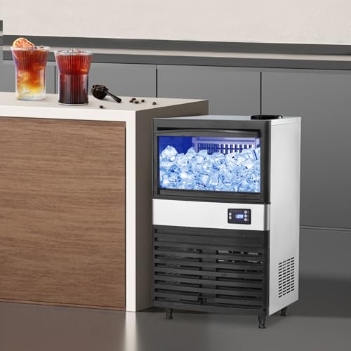 Image of Commercial Ice Maker Machine, 120lbs /24H Stainless Steel Under Counter ice Machine with 30lbs Ice Storage Capacity, Freestanding Ice Maker for Home Bar Outdoor, 2 Way Water Inlet
