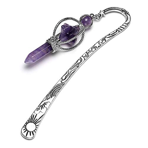 JOVIVI Anqitue Silver Metal Bookmark Beading Bookmarks with Amethsyt Crystal Quartz Merkaba Hexagonal