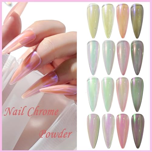 Image of Bolt BEE Chrome Nail Powder 6 Colors White Pearl Chrome Nail Powder Set with Stick | Holographic Metallic Aurora Glitter,Ice Transparent Effect for Gel Polish Mermaid Pearl Aurora Dust Nail Powder