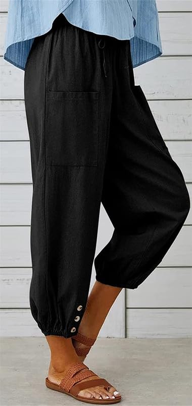 Womens Capri Pants Cotton Linen Cropped Trousers Summer Wide Leg Drawstring High Waist Palazzo Pants with Pockets3