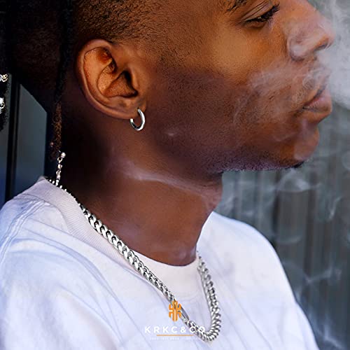 KRKC&CO Hoop Earrings Sterling Silver for Men, Birthday Gift for Him, White Gold Plated Round Hoops for Men & Women 15mm, Fathers Day, Anniversary3