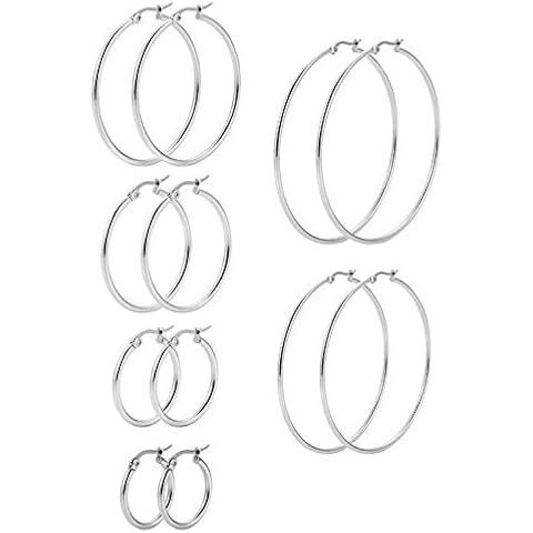 SNAGAROG 6 Pair Silver Hoop Earrings Set Stainless Steel Large Hoop Earrings Set Hypoallergenic Hoop Earrings Big Hoop Earrings Hooped Earrings for Women Girls (15/20/30/40/50/60mm) Cover