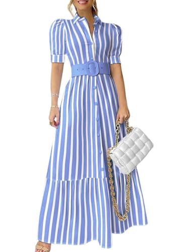 utcoco Womens Striped Button Down Shirt Dress Casual Puff Short Sleeve Ruffle Hem Maxi Dresses with Belt