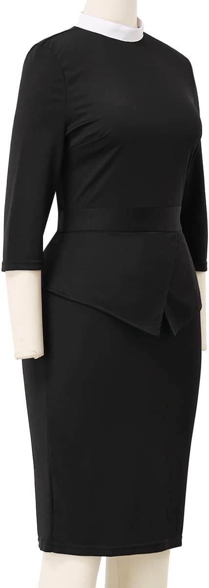 BLESSUME Church Women Clergy Mass Band Collar Dress Black Peplum Bodycon Dress