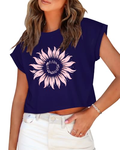 Image of Womens Crop Tops Summer Roll Cap Sleeve Cropped Tshirt Loose Fit Basic Tees