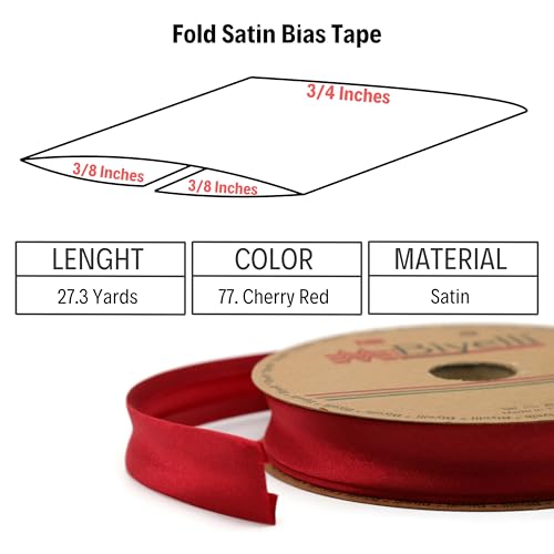 Image of Fold Satin Bias Tape - 99+ Colors - 3 /4 Inches Wide - 27 Yards - Fold Satin Binding Bias Ribbon Fabric Piping Bias Binding Tape for Sewing Clothing DIY (77. Cherry Red) BYS77
