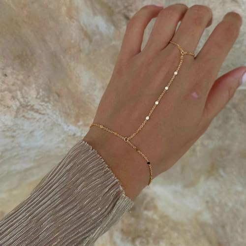 Image of Long tiantian Hand Chain Bracelet Gold Link Finger Ring Slave Bracelet