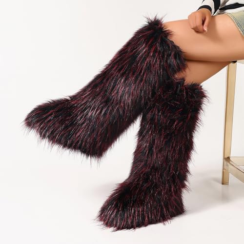 Women Furry Faux Fur Snow Boots Fluffy Fuzzy Comfy Knee High Boot Colorful Round Toe Flat Shoes Rubber Sole Outdoor Indoor Fashion Party4