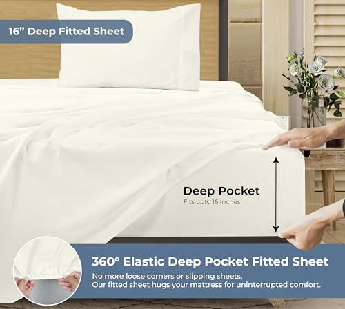 Image of ROYALE LINENS 100% Organic Cotton Twin XL Sheet Set - Percale Weave - 3 Pieces Set - 1 Flat, 1 Deep Pocket Fitted Sheet and 1 Pillowcases - Ivory Bed Sheets - Sabanas Twin XL - Crisp Cool (Ivory)