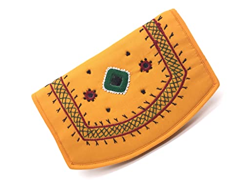 Image of SriShopify Women Small Wallets Purse Clutch Credit Card Coin Holder Zipper Mini Wallets for Girls Handmade Applique Mirror Work (7.5 Inch Yellow Pocket Purse)