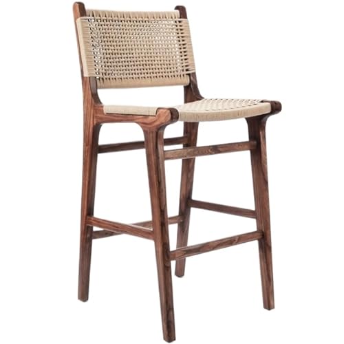 Taburete de bar para exteriores, silla de bar de madera maciza natural y ratán tejido a mano, asiento de estilo bohemio armonía para patio, patio y piscina