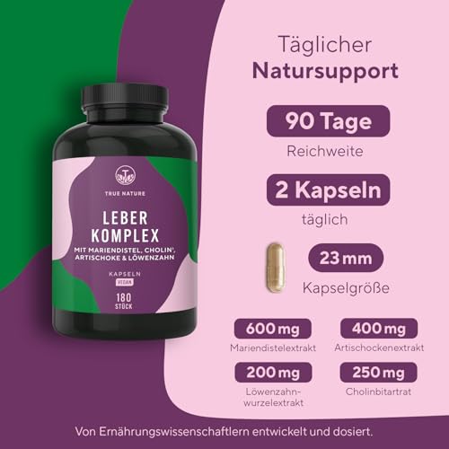Leber Komplex - Testsieger-Online 11/25 - 180 Kapseln mit Mariendistel, Artischocke, Löwenzahn & Cholin – mit 480 mg Silymarin – Unterstützt die Leber durch Cholin* – TRUE NATURE