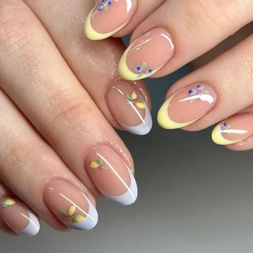 30Pcs Yellow White French Press on Nails Short Almond QUNQINLI Sp...