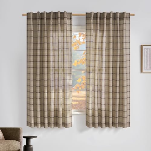 NICETOWN Buffalo Plaid Window Curtains 63 Inches Long for Living Room Linen Semi Sheers Rod Pocket Back Tab Rustic Farmhouse Style Window Drape for Be