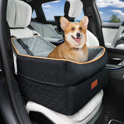 Image of GL GLENSLAVE Dog Car Seat for Small Medium Dogs, Memory Foam Dog Booster Car Seat for Pets Under 35 lbs, Anti-Slip Pet Carseat with 2 Adjustable Leashes, Elevated Dog Travel Bed with Storage Pockets