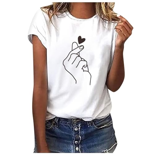 Camiseta Manga Corta Mujer Blanca Basicas T-Shirt Mujer Algodon Casual Cuello Redondo Camiseta de Verano con Estampado